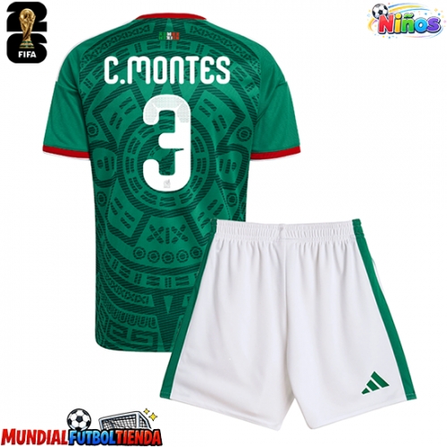 Camiseta México Cesar Montes #3 Primera Equipación Replica Mundial 2026 para niños mangas cortas (+ Pantalones cortos)